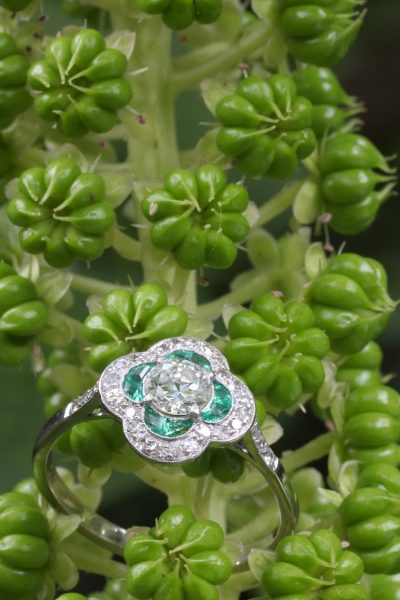 Vintage Art Deco Emerald and Old European Cut Diamond Engagement Ring
