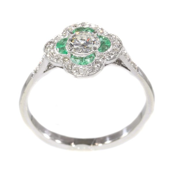 Vintage Art Deco Emerald and Old European Cut Diamond Engagement Ring