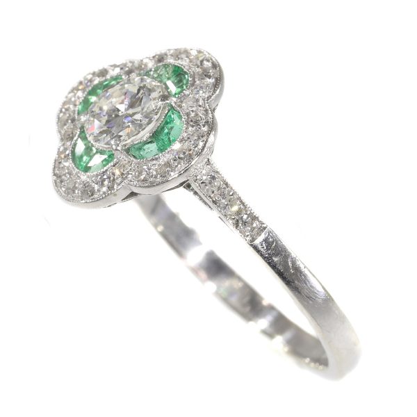 Vintage Art Deco Emerald and Old European Cut Diamond Engagement Ring