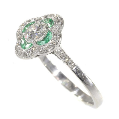 Vintage Art Deco Emerald and Old European Cut Diamond Engagement Ring