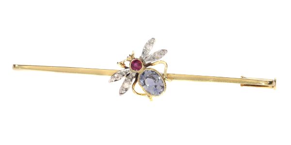 Vintage Bar Brooch with Insect Set with Ruby Sapphire and Rose Cut Diamonds
