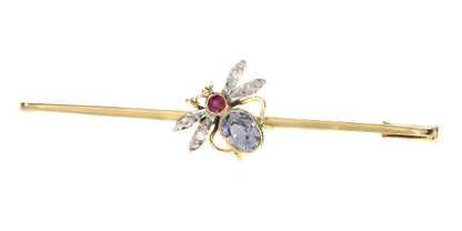 Vintage Bar Brooch with Insect Set with Ruby Sapphire and Rose Cut Diamonds