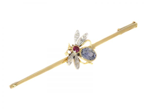 Vintage Bar Brooch with Insect Set with Ruby Sapphire and Rose Cut Diamonds