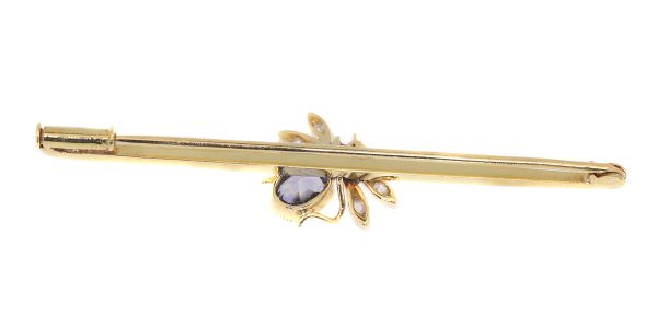 Vintage Bar Brooch with Insect Set with Ruby Sapphire and Rose Cut Diamonds