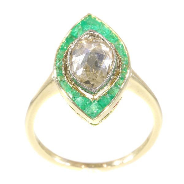 Antique Art Deco Rose Cut Diamond and Emerald Cluster Ring