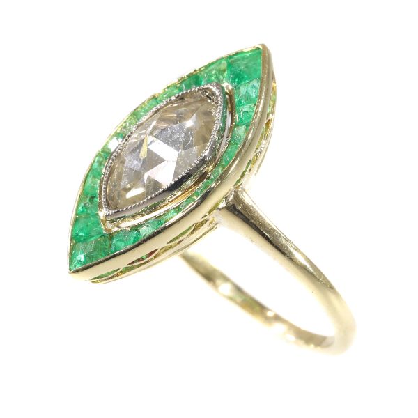 Antique Art Deco Rose Cut Diamond and Emerald Cluster Ring