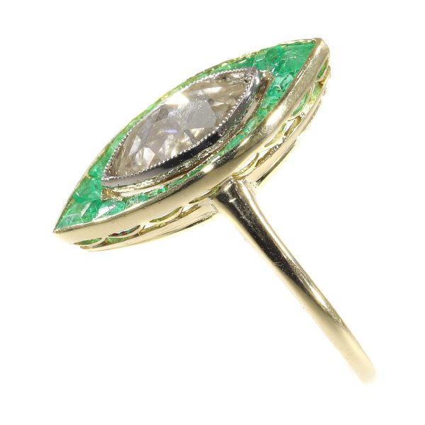 Antique Art Deco Rose Cut Diamond and Emerald Cluster Ring