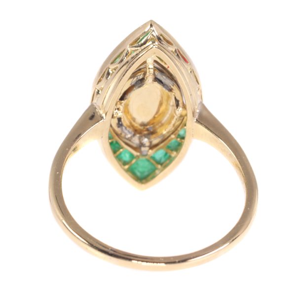Antique Art Deco Rose Cut Diamond and Emerald Cluster Ring