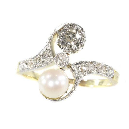 Antique Belle Epoque Diamond and Pearl Toi et Moi Engagement Ring