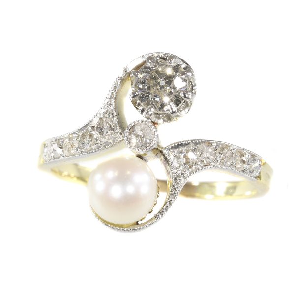 Antique Belle Epoque Diamond and Pearl Toi et Moi Engagement Ring