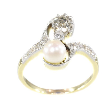 Antique Belle Epoque Diamond and Pearl Toi et Moi Engagement Ring