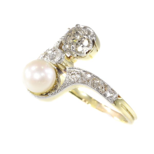 Antique Belle Epoque Diamond and Pearl Toi et Moi Engagement Ring