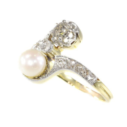 Antique Belle Epoque Diamond and Pearl Toi et Moi Engagement Ring