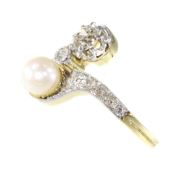 Antique Belle Epoque Diamond and Pearl Toi et Moi Engagement Ring