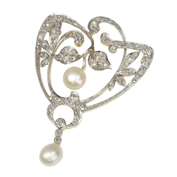 Antique Art Nouveau 1.87ct Diamond and Pearl Brooch