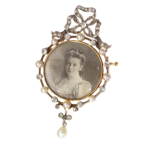 Antique Belle Epoque Diamond and Pearl Portrait Brooch