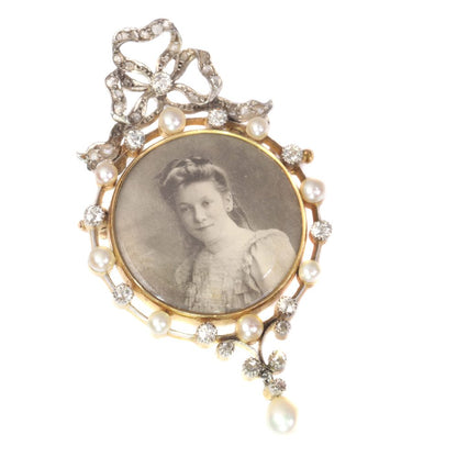 Antique Belle Epoque Diamond and Pearl Portrait Brooch