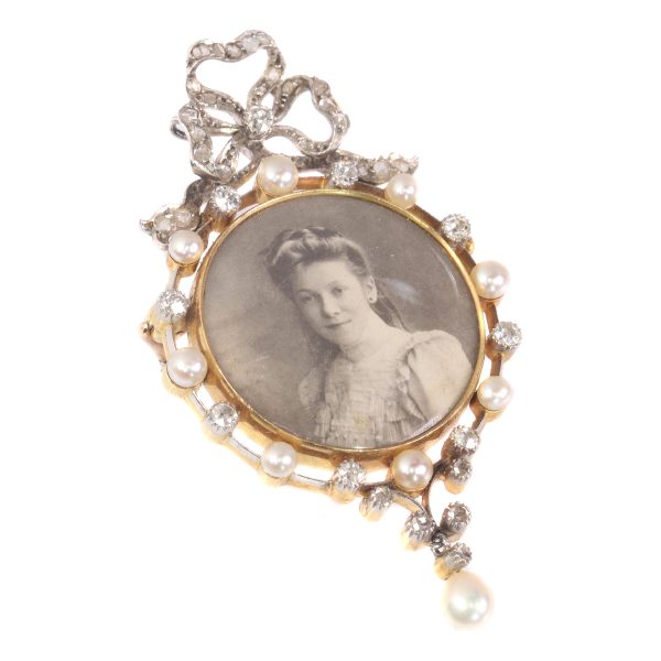 Antique Belle Epoque Diamond and Pearl Portrait Brooch
