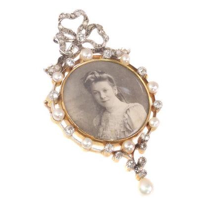 Antique Belle Epoque Diamond and Pearl Portrait Brooch