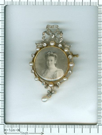 Antique Belle Epoque Diamond and Pearl Portrait Brooch