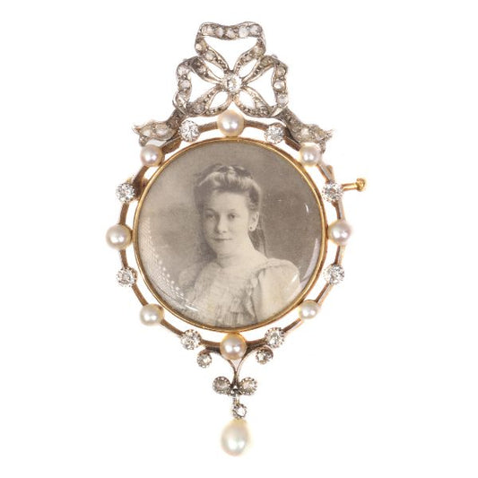 Antique Belle Epoque Diamond and Pearl Portrait Brooch