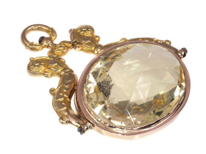 Antique Dutch Gold Chatelaine Pendant with Huge Citrine of Over 100ct