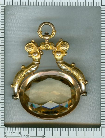 Antique Dutch Gold Chatelaine Pendant with Huge Citrine of Over 100ct