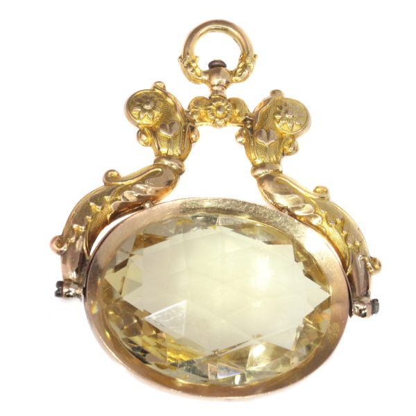 Antique Dutch Gold Chatelaine Pendant with Huge Citrine of Over 100ct