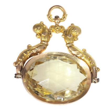 Antique Dutch Gold Chatelaine Pendant with Huge Citrine of Over 100ct