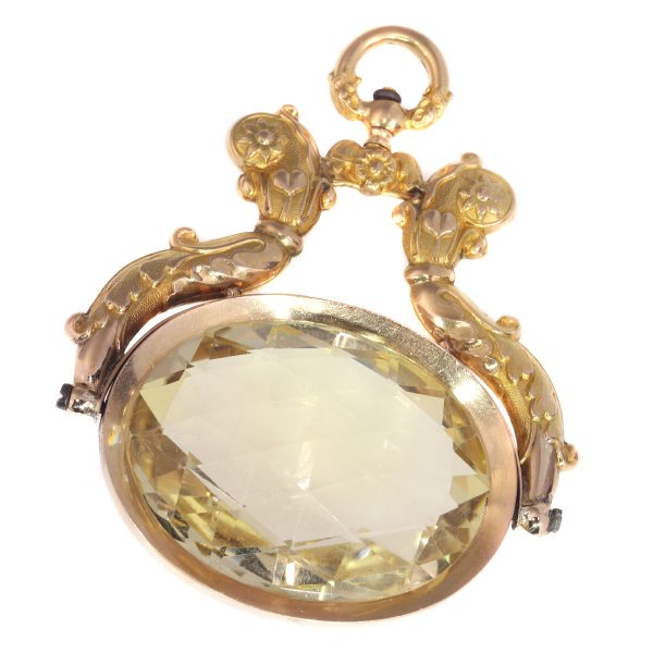 Antique Dutch Gold Chatelaine Pendant with Huge Citrine of Over 100ct