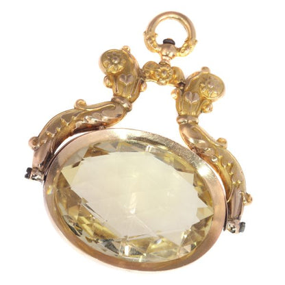 Antique Dutch Gold Chatelaine Pendant with Huge Citrine of Over 100ct