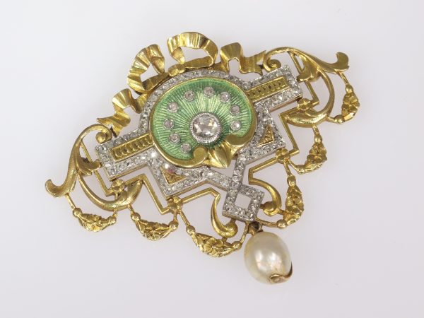 Antique Belle Epoque Rose Cut Diamond and Enamel Pendant Brooch on Chain