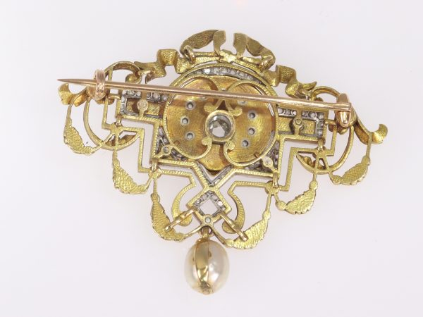 Antique Belle Epoque Rose Cut Diamond and Enamel Pendant Brooch on Chain