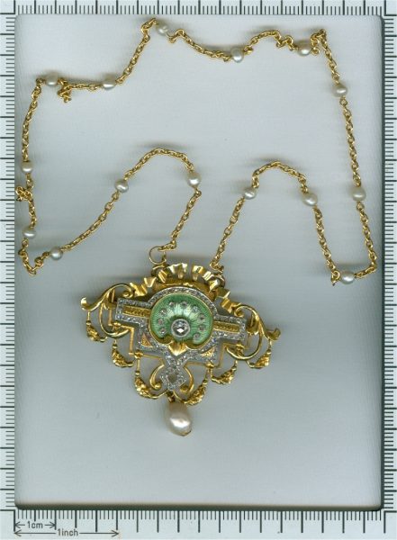 Antique Belle Epoque Rose Cut Diamond and Enamel Pendant Brooch on Chain
