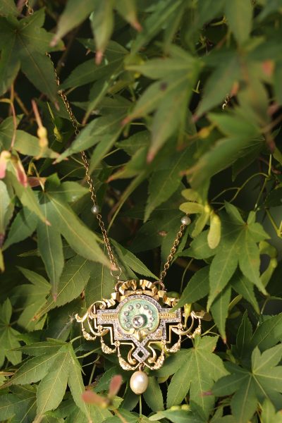 Antique Belle Epoque Rose Cut Diamond and Enamel Pendant Brooch on Chain