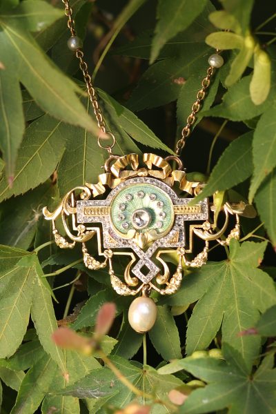 Antique Belle Epoque Rose Cut Diamond and Enamel Pendant Brooch on Chain