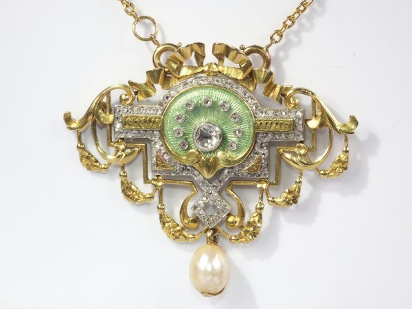 Antique Belle Epoque Rose Cut Diamond and Enamel Pendant Brooch on Chain