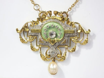 Antique Belle Epoque Rose Cut Diamond and Enamel Pendant Brooch on Chain