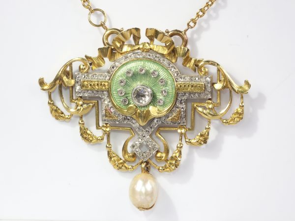 Antique Belle Epoque Rose Cut Diamond and Enamel Pendant Brooch on Chain
