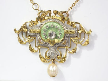 Antique Belle Epoque Rose Cut Diamond and Enamel Pendant Brooch on Chain