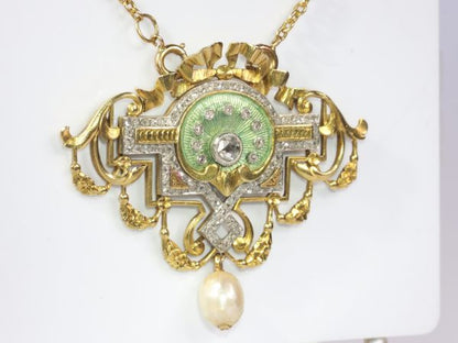 Antique Belle Epoque Rose Cut Diamond and Enamel Pendant Brooch on Chain