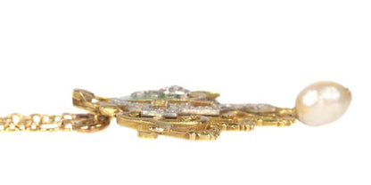 Antique Belle Epoque Rose Cut Diamond and Enamel Pendant Brooch on Chain