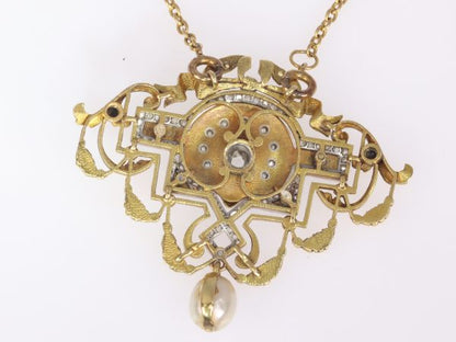 Antique Belle Epoque Rose Cut Diamond and Enamel Pendant Brooch on Chain