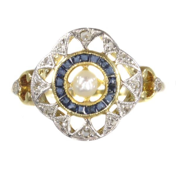 Antique Art Deco Sapphire Diamond and Pearl Ring