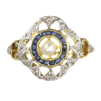 Antique Art Deco Sapphire Diamond and Pearl Ring