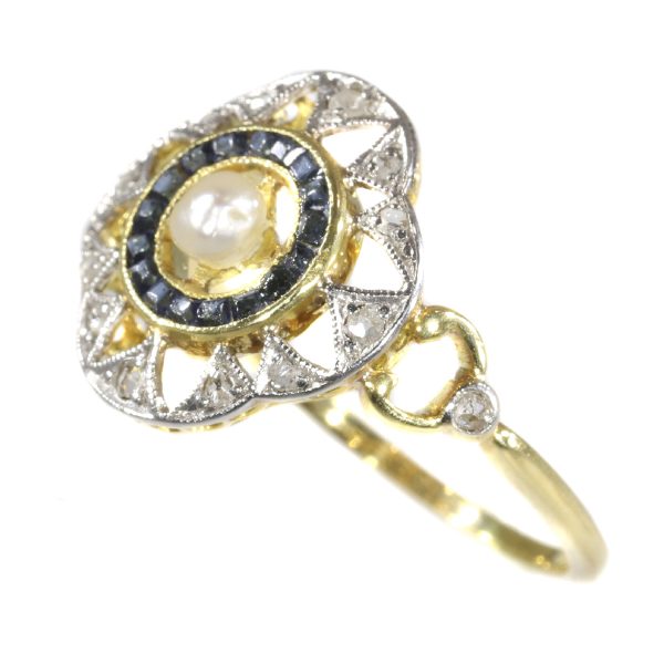 Antique Art Deco Sapphire Diamond and Pearl Ring