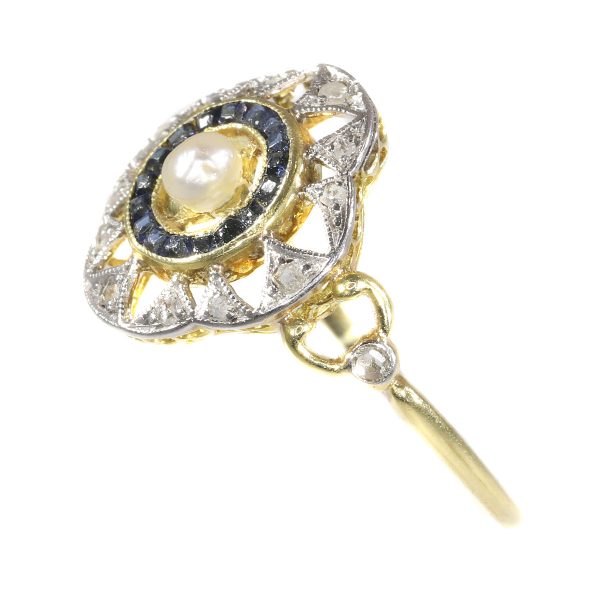 Antique Art Deco Sapphire Diamond and Pearl Ring