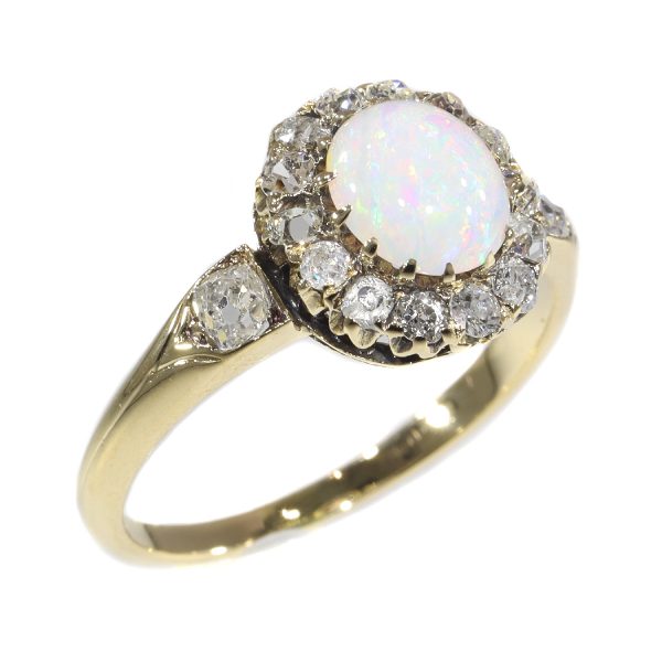 Antique Victorian Cabochon Opal and Diamond Cluster Ring