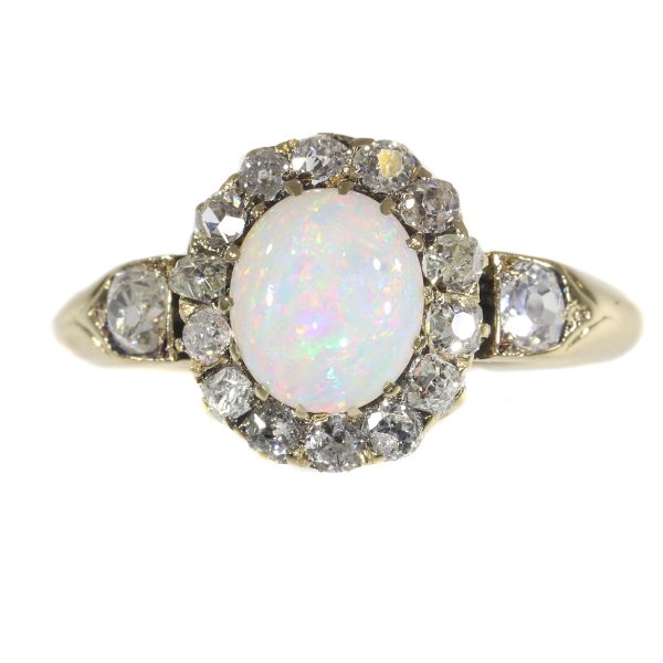 Antique Victorian Cabochon Opal and Diamond Cluster Ring