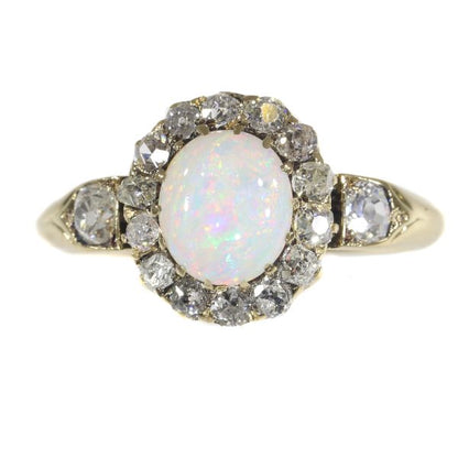 Antique Victorian Cabochon Opal and Diamond Cluster Ring